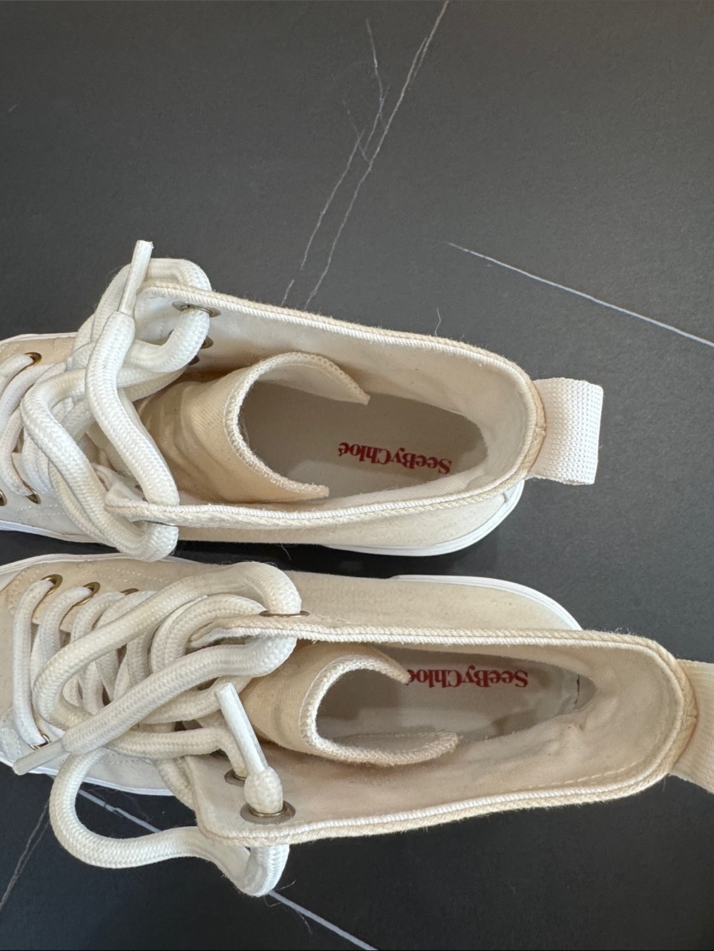 See By Chloé Cream High-Top Canvas Sneakers with Gold Script - Picture 10 of 12